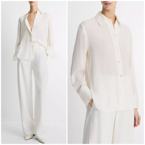 VINCE Stretch-Silk Button-Front Blouse Button-up Minimalist Off-White size L - Picture 1 of 15